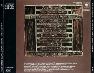 Blood, Sweat & Tears - Greatest Hits CD 1972 1985