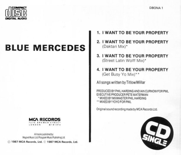 Blue Mercedes (PWL) - I Want To Be Your Property CD Single 1987