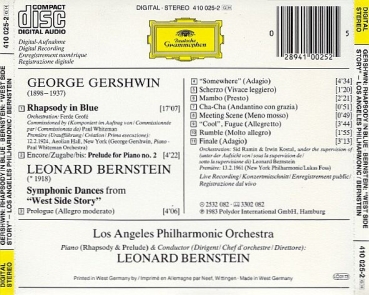 Gershwin, Bernstein - Rhapsody In Blue + West Side Story (Los Angeles Philh. Orch., Bernstein) CD 1983