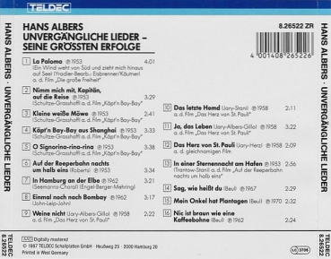 Hans Albers - Unvergängliche Lieder: Seine Größten Erfolge CD 1987 1989