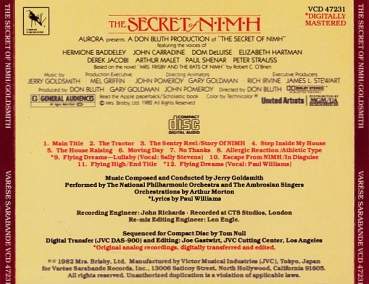 OST - The Secret Of Nimh: Original Motion Picture Soundtrack CD 1982 1986