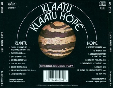 Klaatu - Klaatu (Same) + Hope SPECIAL DOUBLE PLAY CD 1992