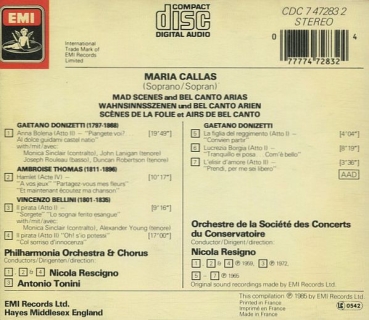 Maria Callas - Mad Scenes And Bel Canto Arias CD 1985