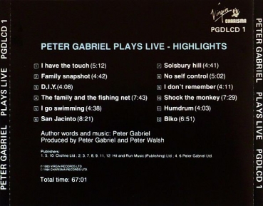 Peter Gabriel - Plays Live: Highlights BLUE FACE CD 1983 1984