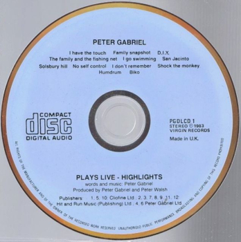 Peter Gabriel - Plays Live: Highlights BLUE FACE CD 1983 1984