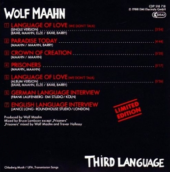 Wolf Maahn - Third Language LIMITED EDITION PROMO CD Single 1988
