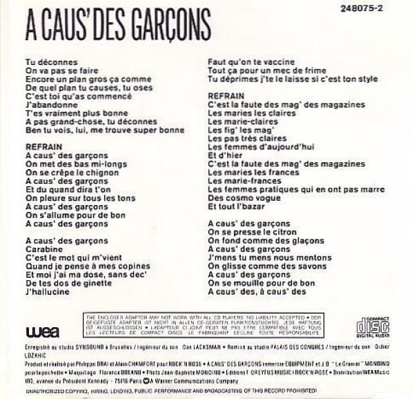 A Caus' Des Garcons - A Caus' Des Garçons (Same) 3 INCH CD Single 1987