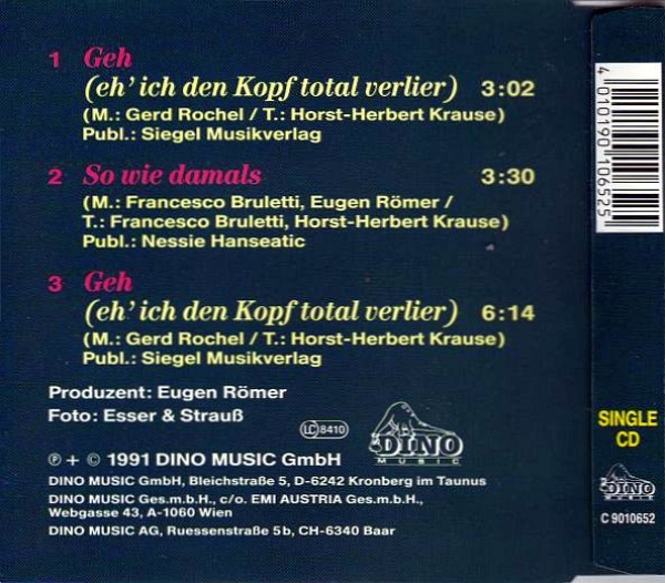 Bernhard Brink - Geh (Eh' Ich Den Kopf Total Verlier) CD Single 1991