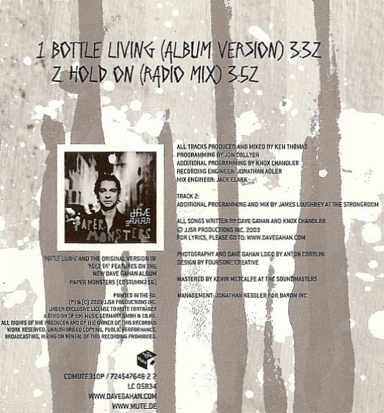 Dave Gahan - Bottle Living + Hold On 3 INCH CD Single 2003