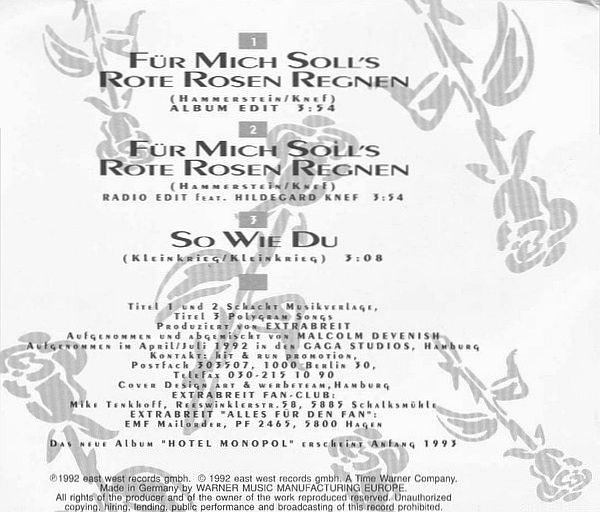 Extrabreit - Für Mich Soll's Rote Rosen Regnen CD Single 1992