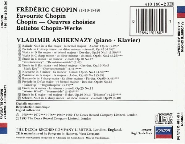 Chopin - Favourite Chopin (Vladimir Ashkenazy, Piano. Klavier) CD 1983