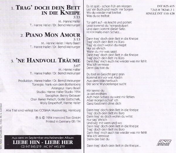 Hanne Haller - Trag' Doch Dein Bett In Die Kneipe CD Single 1994