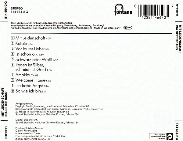 Ina Deter Band - Mit Leidenschaft CD 1984