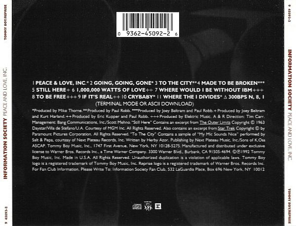 Information Society - Peace And Love, Inc. CD 1992