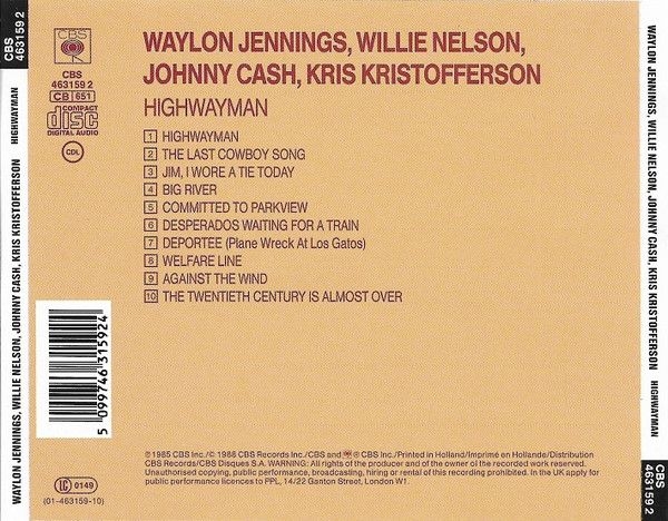 Waylon Jennings, Willie Nelson, Johnny Cash, Kris Kristofferson - Highwayman CD 1985 1988