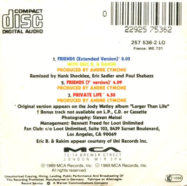 Jody Watley with Eric B. & Rakim - Friends 3 INCH CD Single 1989