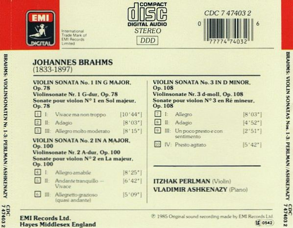 Brahms - Violin Sonatas Nos. 1-3 (Itzhak Perlman, Vladimir Ashkenazy) CD 1985