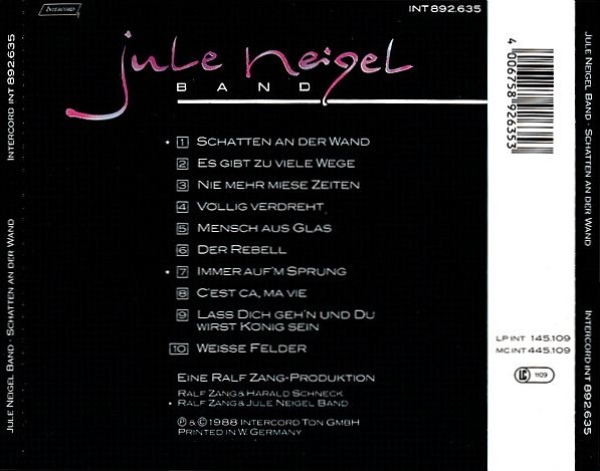 Jule Neigel Band - Schatten An Der Wand PICTURE CD 1988