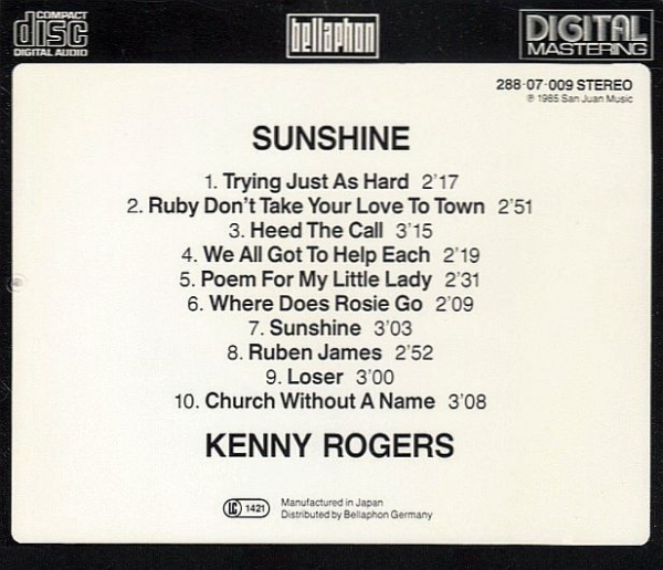 Kenny Rogers - Sunshine BLUE FACE CD 1985