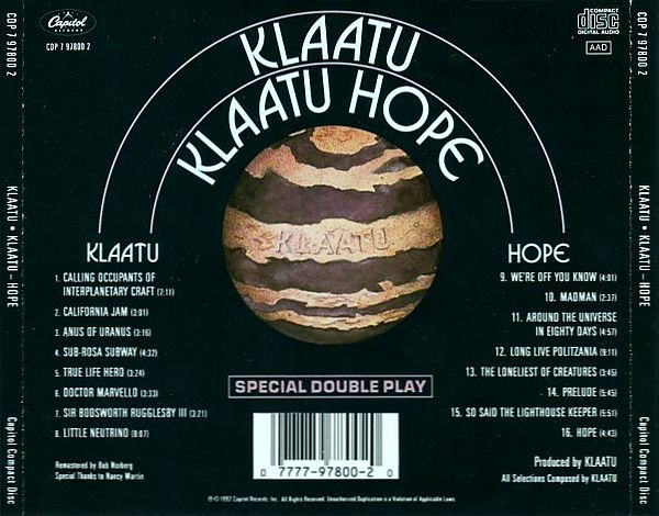 Klaatu - Klaatu (Same) + Hope SPECIAL DOUBLE PLAY CD 1992