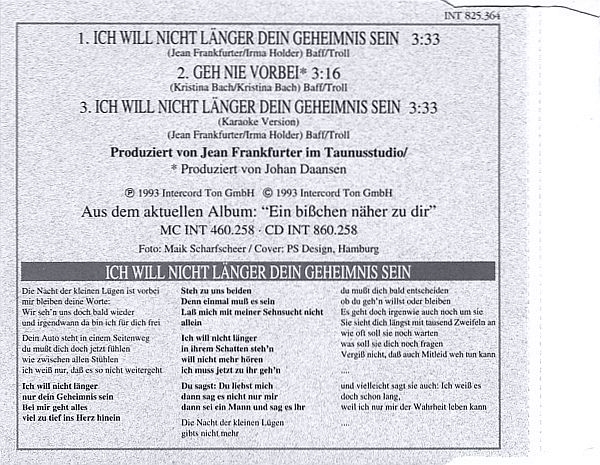 Kristina Bach - Ich Will Nicht Länger Dein Geheimnis Sein CD Single 1993