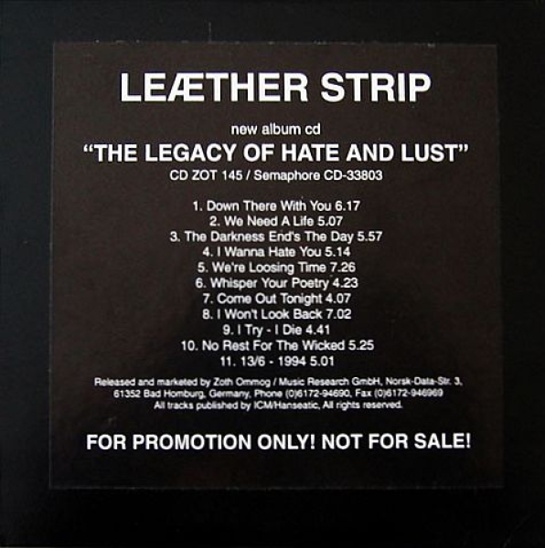Leaether Strip (Leæther Strip) - The Legacy Of Hate And Lust PROMO CD 1995