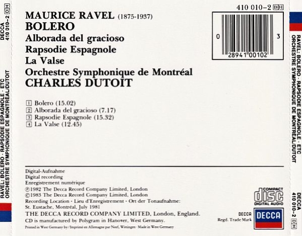Ravel - Bolero + Rapsodie Espagnole etc. (Orchestre Symphonique De Montreal, Charles Dutoit) CD 1982 1983