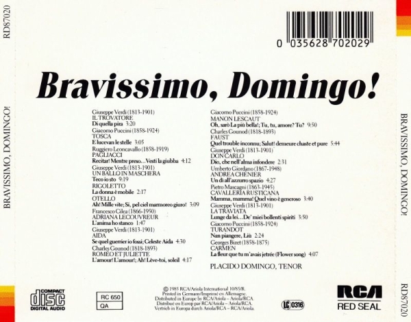 Placido Domingo - Bravissimo, Domingo! CD 1985 1989