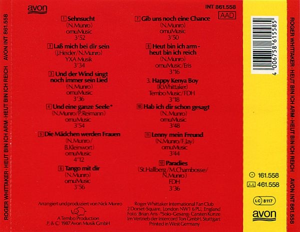 Roger Whittaker - Heut Bin Ich Arm, Heut Bin Ich Reich CD 1987