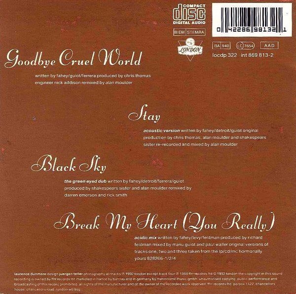 Shakespears Sister - Goodbye Cruel World PICTURE CD Single 1992