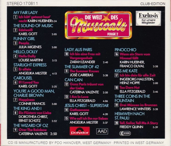 Various Artists - Die Welt Des Musicals Folge 2 CLUB CD 1987