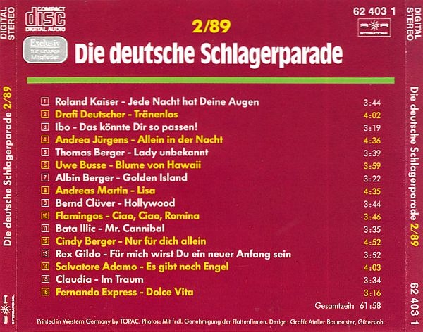 Various Artists - Die Deutsche Schlagerparade 2 89 CLUB CD 1989