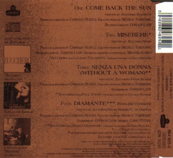 Zucchero - Come Back The Sun CD Single 1992